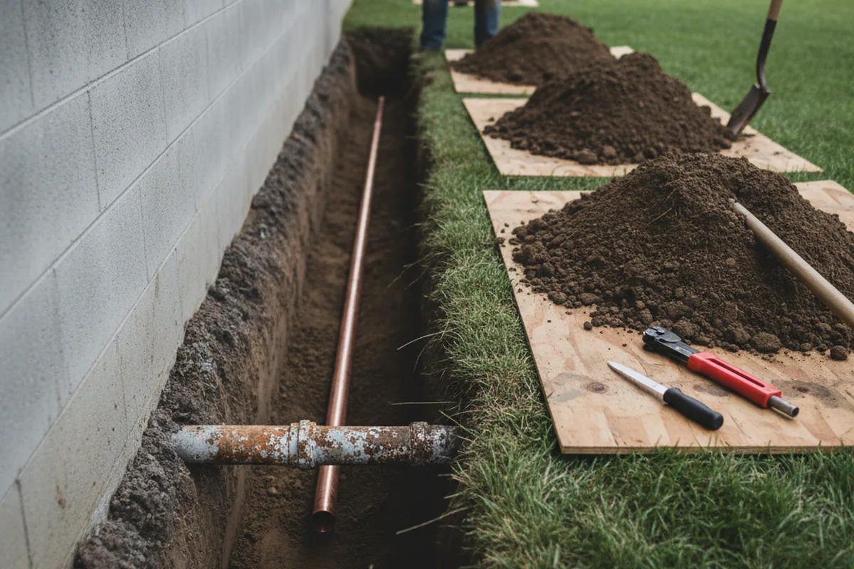 Excavated water line trench during Water Softener Installation in Charlton